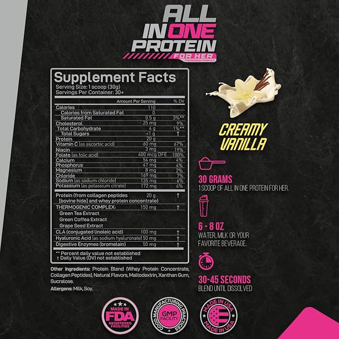 Forzagen All in One Protein for Her | Women’s Protein Powder with Multi Collagen Peptides | Hydrolyzed Collagen Supplement, Gut Health, Great for Pre & Post Workout | Vanilla, 30+ Servings