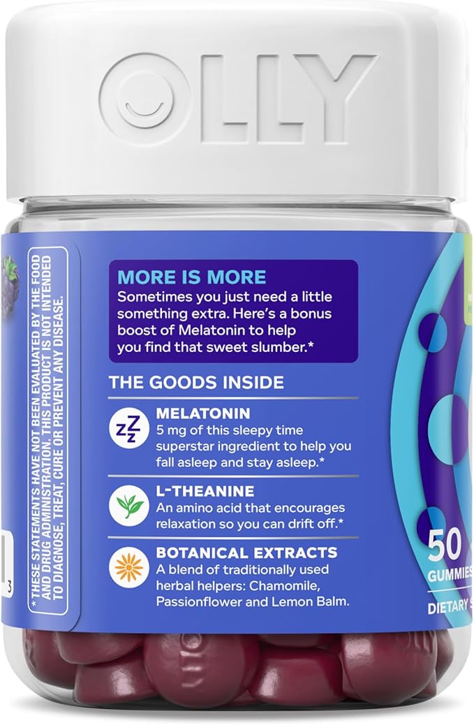 OLLY Extra Strength Sleep Gummy, Occasional Sleep Support, 5 mg Melatonin, L-Theanine, Chamomile, Lemon Balm, Sleep Aid, BlackBerry - 50 Count