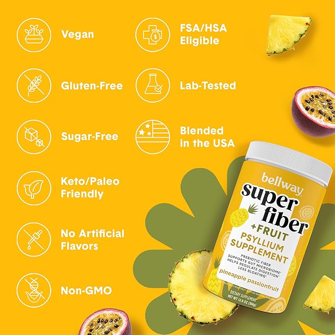 Bellway Super Fiber Powder + Fruit, Sugar Free Organic Psyllium Husk Powder Fiber Supplement for Regularity, Bloating Relief & Gut Health, Non-GMO, Plant-Based, Pineapple Passion Fruit (50 Servings)