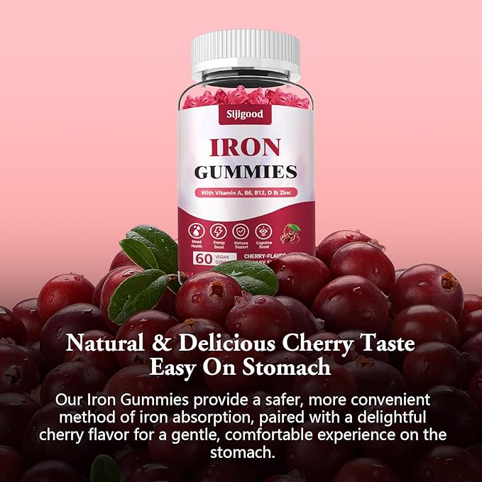 2 Pack Vegan Iron Supplement for Women, with Vitamin A, C, B6, B12, Folate and Zinc, Energy Boost, Sugar Free, No After Taste - Delicious Cherry Flavor, 120 Count