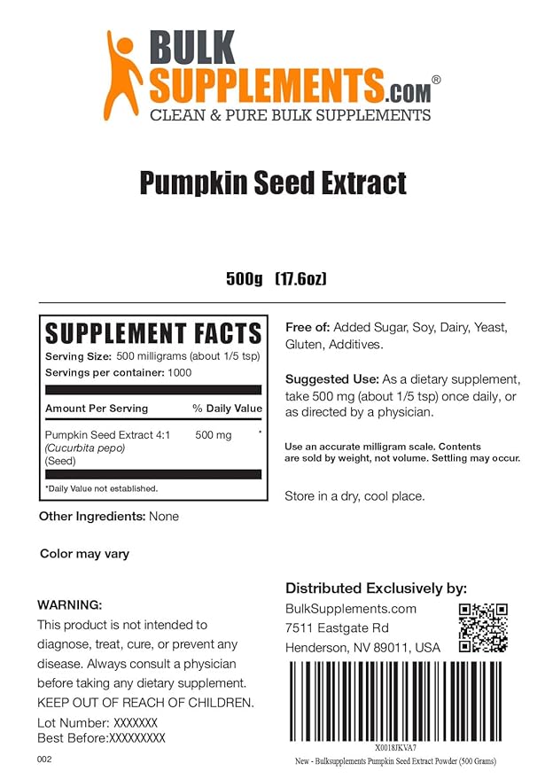 BulkSupplements.com Pumpkin Seed Extract Powder - Bladder Support - Pumpkin Seed Powder - Soluble Fiber Supplements - Pumpkin Powder (500 Grams - 1.1 lbs)