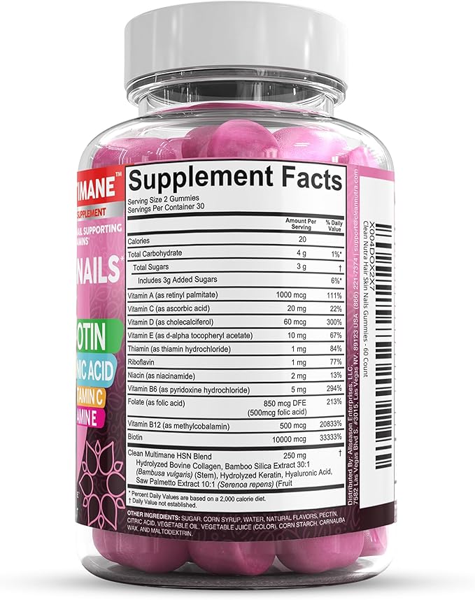 Biotin Collagen Keratin Gummies | Hair Skin and Nails Vitamins for Women | Hyaluronic Acid Bamboo Vitamin A C D3 E Folate With Saw Palmetto Silica B3 B12 Vegan Gummy By Clean Nutra