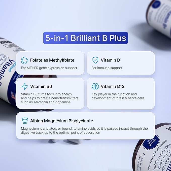 Vitamin B Complex - 60 Capsules with Vitamins B6 20mg D3 1000IU Magnesium Bisglycinate 260mg Methyl B12 1000mcg and Folate as Methylfolate 600mcg DFE. Doctor Formulated MTHFR Support Supplement.