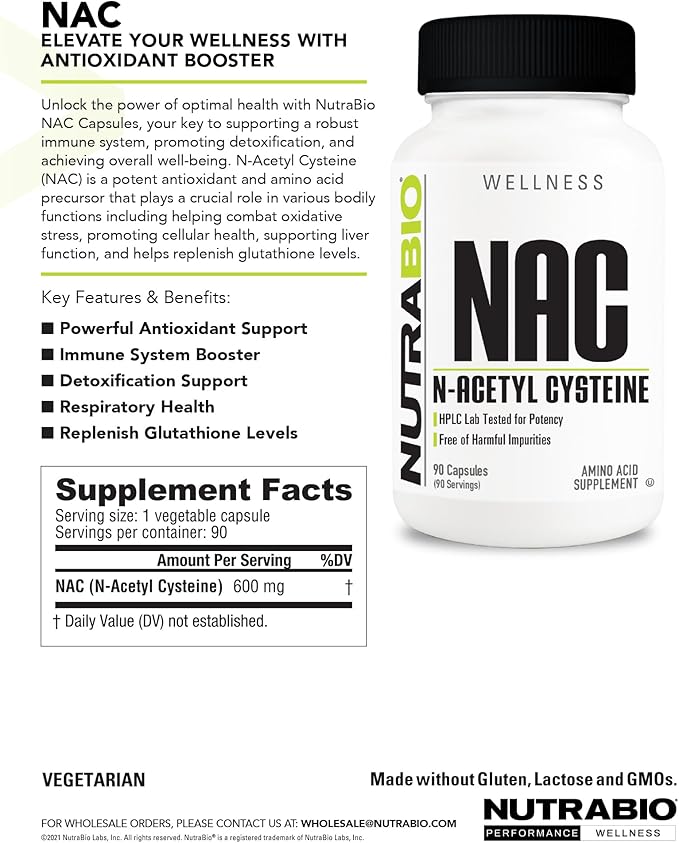 NutraBio N-Acetyl Cysteine Supplement (NAC) - 90 Capsules, 600mg Each - Powerful Anti-Oxidant - Immune Support - Boost Glutathione