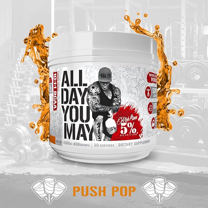 5% Nutrition Rich Piana AllDayYouMay BCAA Powder | Premium Intra & Post Workout Amino Acids, Hydration, Endurance, Muscle Recovery, Joint & Liver Support | 15.87 oz, 30 Servings (Push Pop)