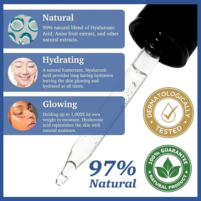 MADE IN USA NATUAL100 HYALURONIC ACID Facial Serum for Plumping Anti Aging Hydrating Glowing Skin with Vitamin E Pairs Well with Vitamin C Face Serum & Hylunaric Acid Moisturizer PURIFECT 30ml 1fl/oz