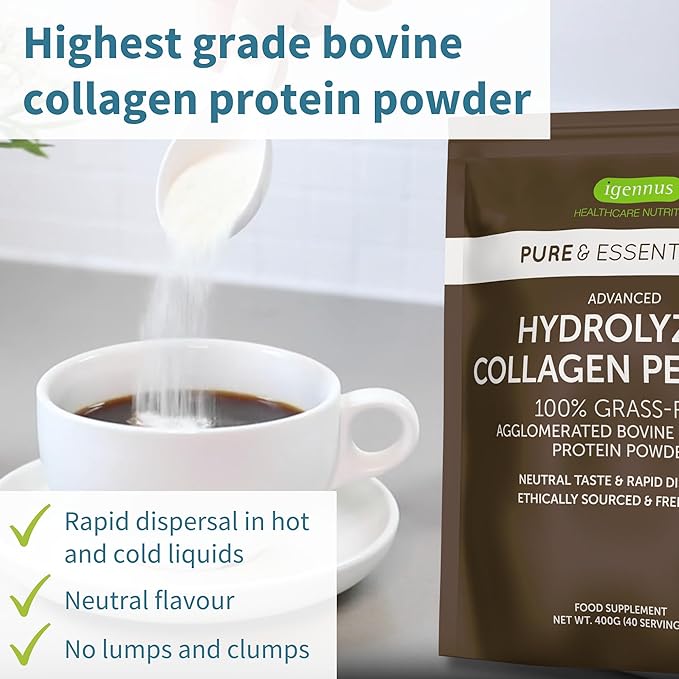 100% Grass Fed Bovine Collagen Protein Powder, Advanced Hydrolyzed Collagen Peptides, Collagen Types 1, 2 & 3, Non-GMO, Free Range, Gluten & Dairy Free, Easy Mix, 40 Servings, Pure & Essential
