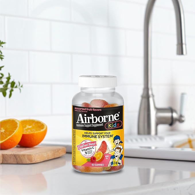Airborne KIDS 500mg Vitamin C Gummies, Kids Immune Support Zinc Gummies With Powerful Antioxidants Vit C & E - 63 , Assorted Fruit Flavor