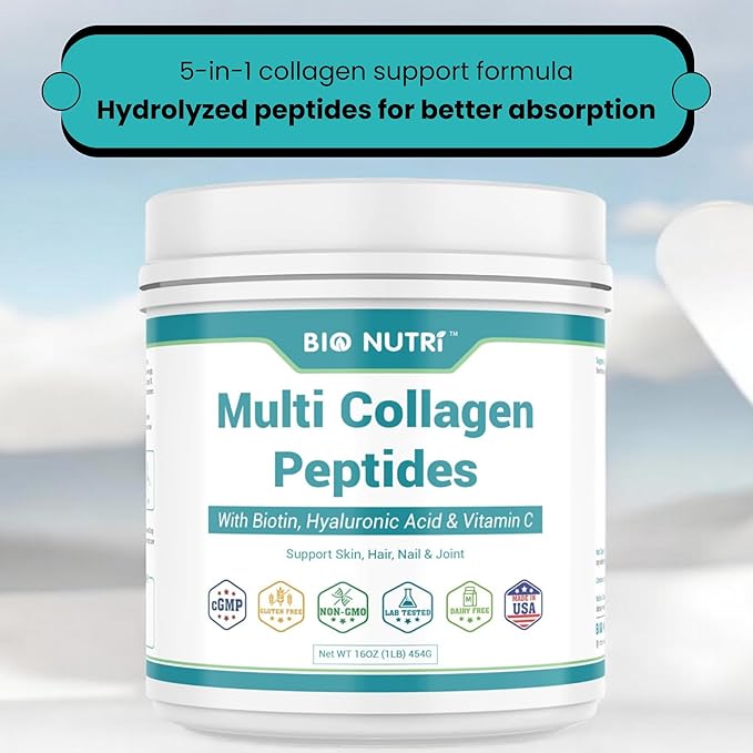 Collagen Peptides - Multi Collagen Peptides with 5 Types - Hydrolyzed Collagen Peptides Powder with Biotin & HA - Support for Hair, Skin, Nails & Joints
