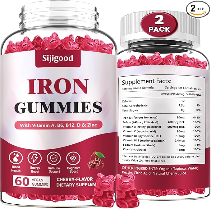 2 Pack Vegan Iron Supplement for Women, with Vitamin A, C, B6, B12, Folate and Zinc, Energy Boost, Sugar Free, No After Taste - Delicious Cherry Flavor, 120 Count