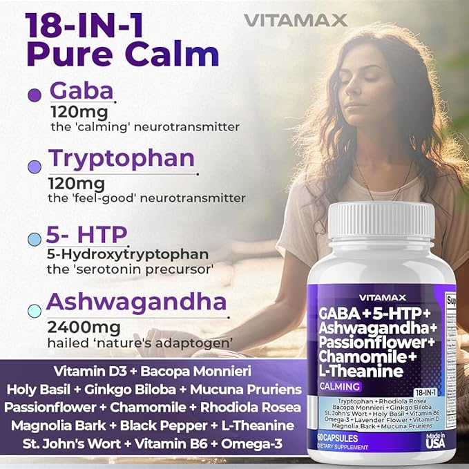 GABA 500mg 5 HTP 150mg Ginkgo Biloba L Tryptophan 500mg L Theanine 200mg Ashwagandha 2000mg - Calming Vitamins for Men and Women with - Made in USA (60 Count (Pack of 1))