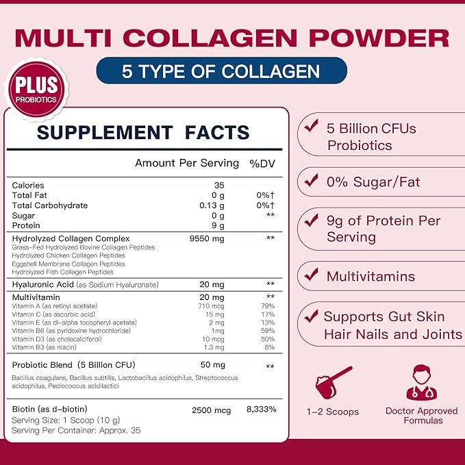 5 Types Collagen Peptides Powder with Probiotics - Hydrolyzed Collagen Peptides with Multivitamins, Hyaluronic Acid & Biotin - Support Skin Hair Nail Joints & Gut