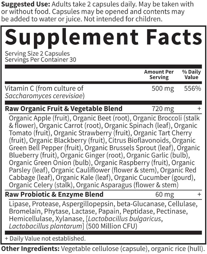Garden of Life Vitamin Code Raw Vitamin C - 60 Capsules, 500mg Whole Food Vitamin C, Fruit & Veggie Blend, Probiotics, Vitamin C Capsules, C Vitamins Supplements for Adults, Vegan, Gluten Free