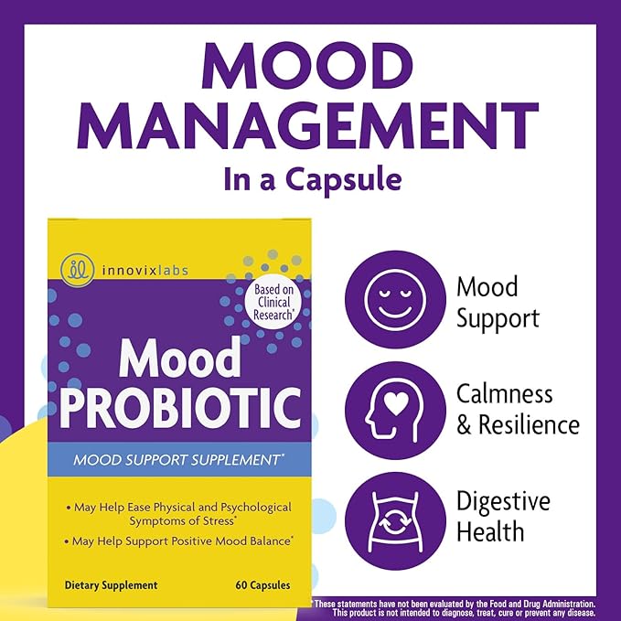 InnovixLabs Mood Probiotic Supplement - Clinically Studied Digestive & Mood Probiotics for Women and Men with Lactobacillus helveticus Rosell-52ND & Bifidobacterium longum Rosell-175, 60 Capsules
