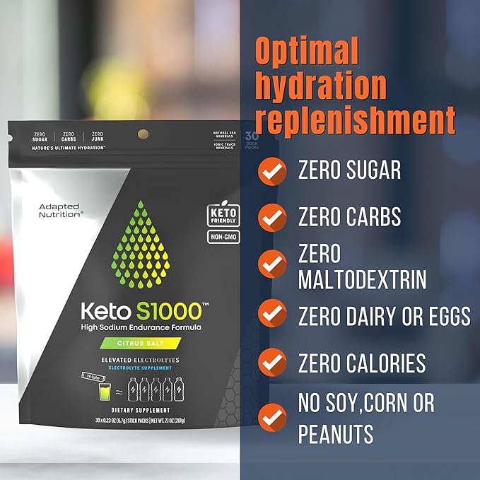Keto S1000 Electrolyte Packets, Hydration Drink Mix | 30 Packets, Citrus Salt | Includes Essential Minerals, No Sugar, No Calories