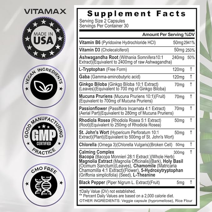 GABA 500mg 5 HTP 150mg Ginkgo Biloba L Tryptophan 500mg L Theanine 200mg Ashwagandha 2000mg - Calming Vitamins for Men and Women with - Made in USA (60 Count (Pack of 1))