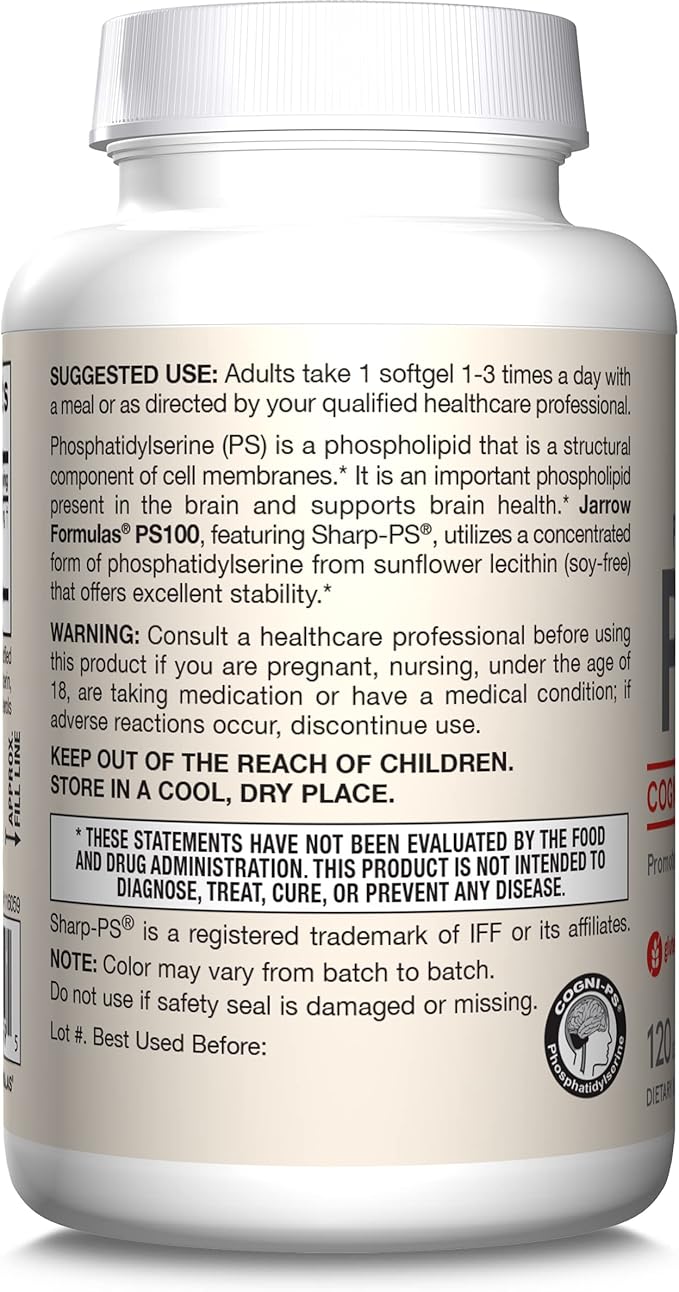 Jarrow Formulas PS100 Phosphatidylserine 100 mg, Dietary Supplement for Brain Health and Cognition Support, 120 Softgels, 40-120 Day Supply, Pack of 12