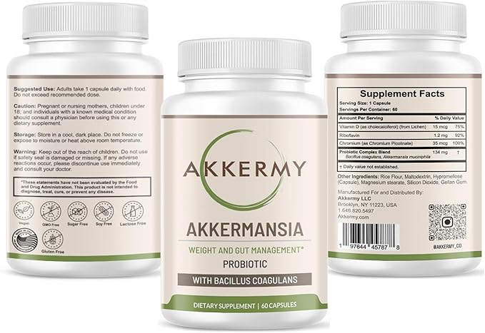 Akkermansia Probiotic for Healthy Weight - Naturally Increases GLP-1-60 Day Supply - Contains Bacillus Coagulans, Vitamins B2, D3 & Chromium - SIBO Friendly, Vegan & Gluten Free