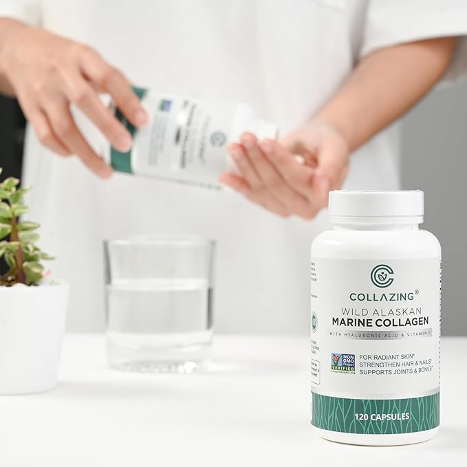 Alaskan Wild-Caught Marine Collagen Peptides with Hyaluronic Acid & Vitamin C - Supports Skin, Hair, Nails, Joints & Bones - Type 1 & 3 Collagen for Women & Men - 120 Powder Capsules