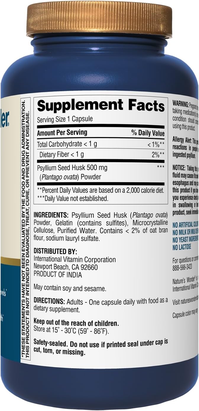 Nature's Wonder Psyllium Husk 500 mg Capsules for Digestive Health, Plant-Based Fiber, 200 Count