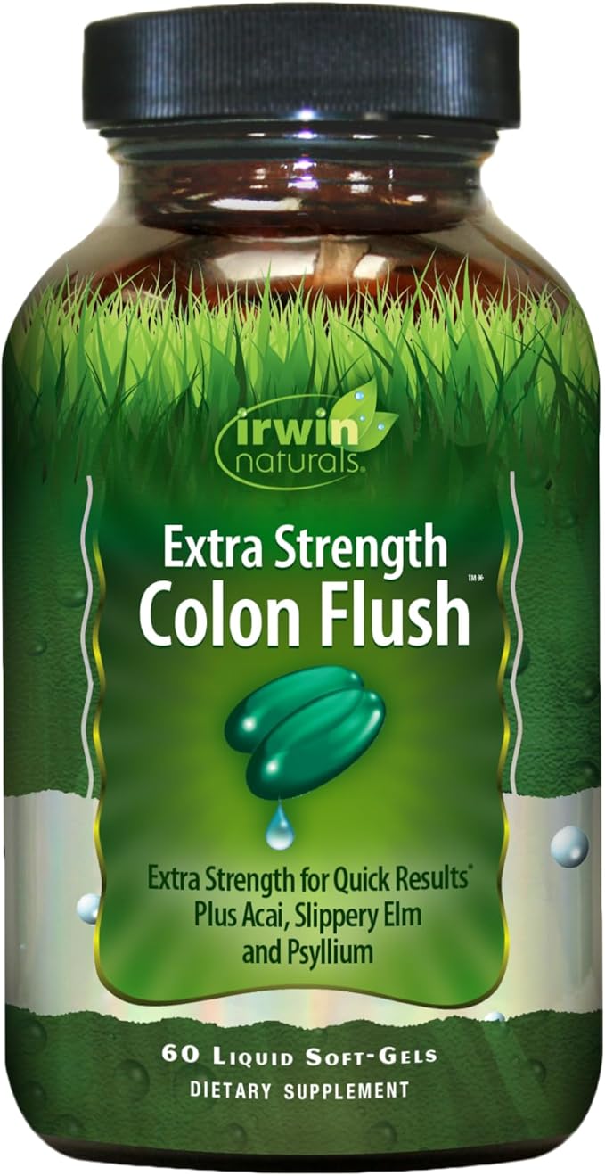 Irwin Naturals Extra Strength Colon Flush Quick & Powerful Digestive + Constipation Support Supplement with Psyllium, Acai, Triphala + Soothing Botanicals - 60 Liquid Softgels