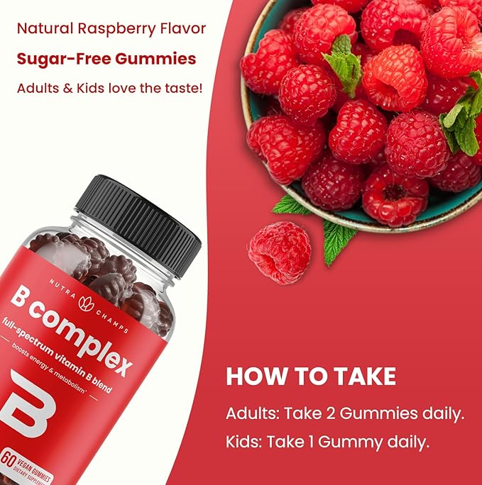 Vitamin B Complex Gummies | Vitamin B Gummies for Women, Men & Kids | Boosts Energy & Metabolism | B Complex Vitamins B1, B2 (Riboflavin), B3 (Niacin), B5, B6, B7 (Biotin), B9 (Folic Acid), Methyl B12