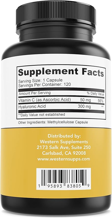 Western Supplements 300mg Pure Hyaluronic Acid Supplement with Vitamin C - 1 Capsule Serving – 3 Month Supply, Supports Healthy Skin, Anti-Aging, Beauty, Hydration, Joints
