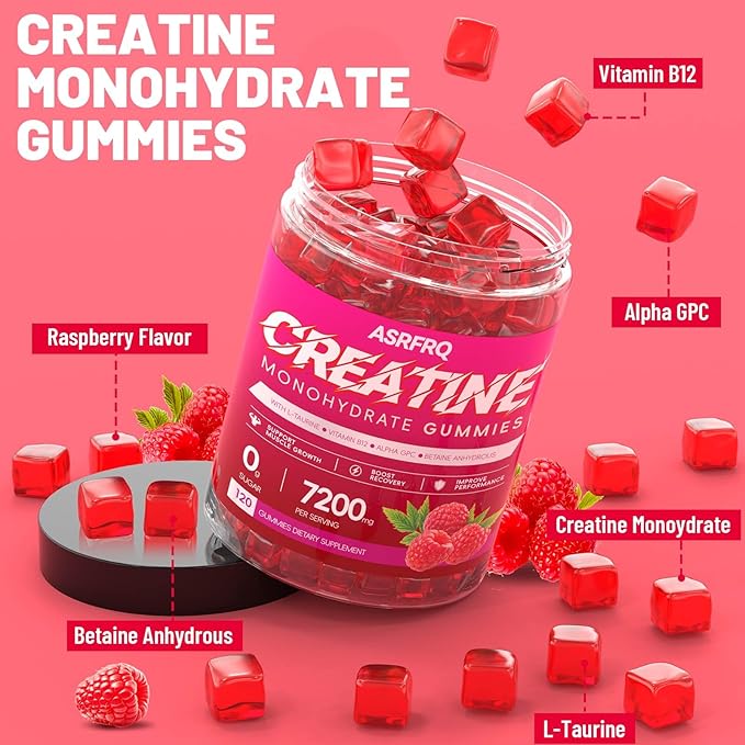 Creatine Monohydrate Gummies for Men & Women 120 CT - 7200mg of Creatine Monohydrate per Serving, Chewable Creatine Monohydrate for Muscle Support & Energy Boost, Sugar Free, Vegan (Raspberry Flavor)
