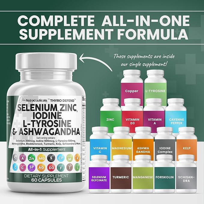 Clean Nutraceuticals Selenium 300mcg Zinc 50mg Iodine 500mcg L Tyrosine 500mg Ashwagandha - Thyroid Support Supplement for Women & Men w/Bladderwrack, Turmeric, Kelp, Schisandra - 60 Capsules