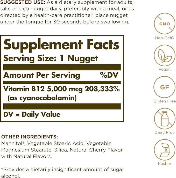 Solgar Vitamin B12 5000 mcg - 30 Nuggets - Promotes Nervous System Health - Non-GMO, Vegan, Gluten & Dairy Free - 30 Servings