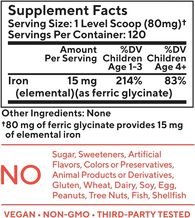 Tasteless Iron for Kids + Toddlers- 4-Month Supply- No Sweeteners, Flavors or Preservatives. Add to Beverages or Food. Pure, Flavorless Children's Iron Supplement.