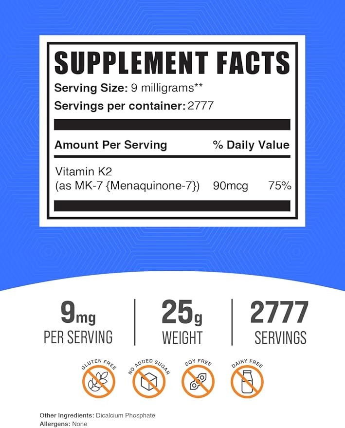 BulkSupplements.com Vitamin K2 Powder - Vitamin K2 MK-7, as Menaquinone Powder - K2 Vitamin Supplement for Wellness, Gluten Free, 9mg per Serving, 25g (0.88 oz) (Pack of 1)