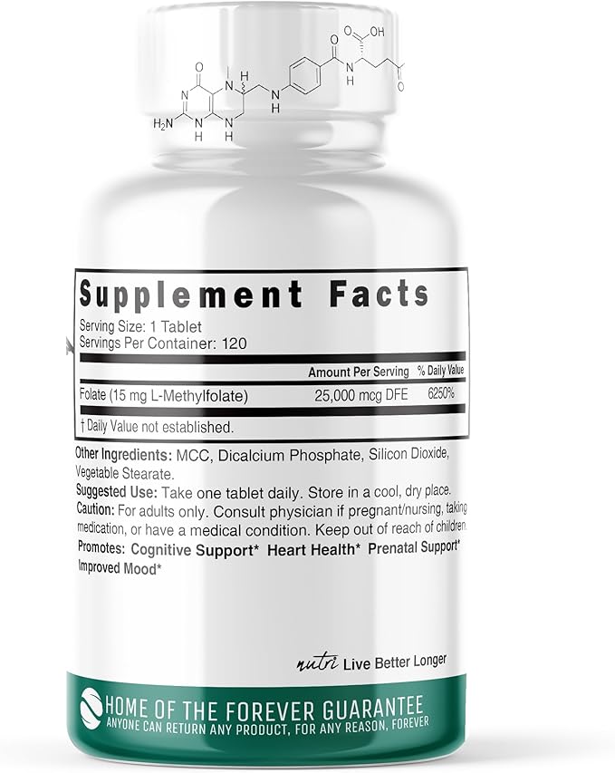 Nutri 5-MTHF L Methylfolate 15MG - 4 Month Supply, 120 Vegan Tablets - Methylated Folate Supplement - Cognitive Function, Heart Health, Prenatal Support - Methylated Folic Acid, MTHFR Supplement…