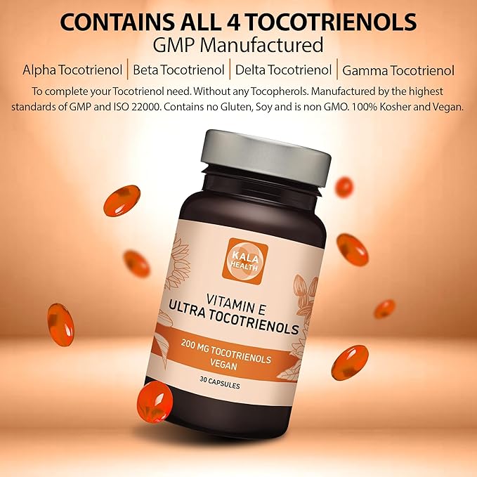 KALA HEALTH Ultra Tocotrienol 200mg Vitamin E Vegan – All 4 tocotrienols - Tocopherol Free - Supports Immune Health & Antioxidant Health Tocotrienols Supplement