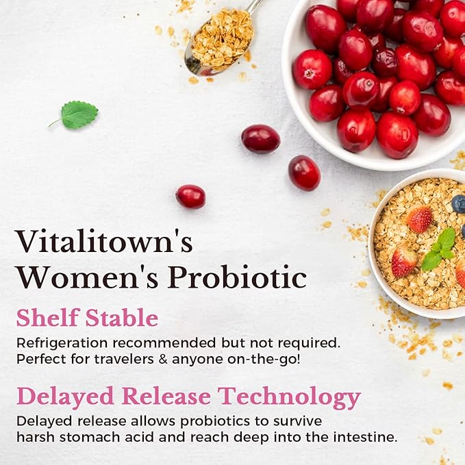 Vitalitown Women's Probiotics 120 Billion CFUs 1 Daily, 30 Strains, with Prebiotics & Digestive Enzymes & Cranberry, Gut & Vaginal Health, Vegan 60 Delayed Release Caps