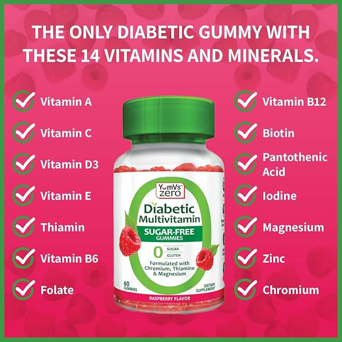 YumVs Multivitamin Gummies | Sugar Free Supplement Vitamins for Women & Men | Chromium, Thiamine and Magnesium | Natural Raspberry Flavor Chewables - 60 Count - (Pack of 2)