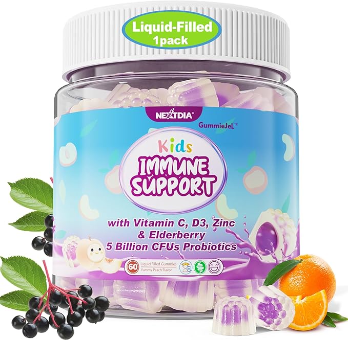 Kid Vitamin C Gummies With Zinc D3, Elderberry, Probiotics & Prebiotics, Sugar Free Immune Gummies for Kids 4+, Childrens Vitamins Supplement for Immune & Digestive Health, Powerful Antioxidant, 60cts