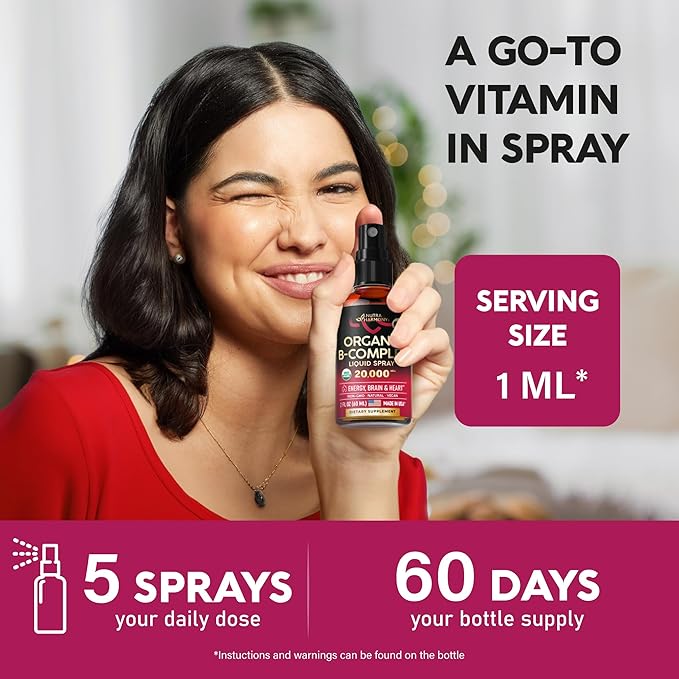 USDA Organic Vitamin B-Complex Liquid Spray 8-in-1 - B5 Pantothenic Acid | B12 Methylcobalamin | B1 Thiamine | B6 Pyridoxine | B7 Biotin | B9 Folic | B3 Niacinamide - Made in USA Supplement, 2fl oz