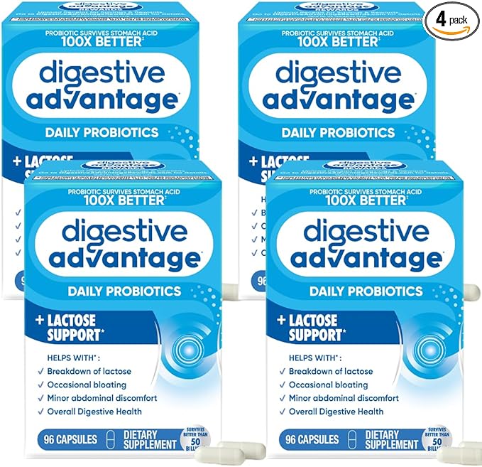 Digestive Advantage Lactose Defense with Lactase Enzymes & Probiotics for Digestive Health, Support for Breaking Down Lactose, Minor Abdominal Discomfort & Gut Health, 96ct Capsules (Pack of 4)