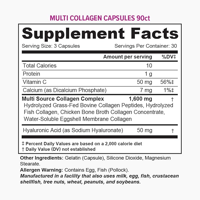 Vitauthority Multi Collagen Pills for Women and Men High Absorption Hydrolyzed Collagen Peptides Capsules for Hair Skin and Nails with Types I II III V X Hyaluronic Acid and Vitamin C - 30 Servings
