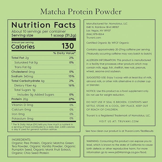 Truvani Vegan Pea Protein Powder | Matcha | 20g Organic Plant Based Protein | 10 Servings | Keto | Gluten & Dairy Free | Low Carb | No Added Sugar