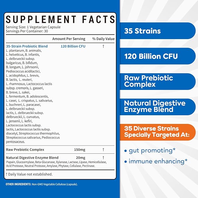 Probiotics 120 Billion CFU, Probiotics for Men & Women, Prebiotics + Digestive Enzymes, Highest Potency, 3-in-1 Complete Probiotic, Digestive Support, 30 Caps