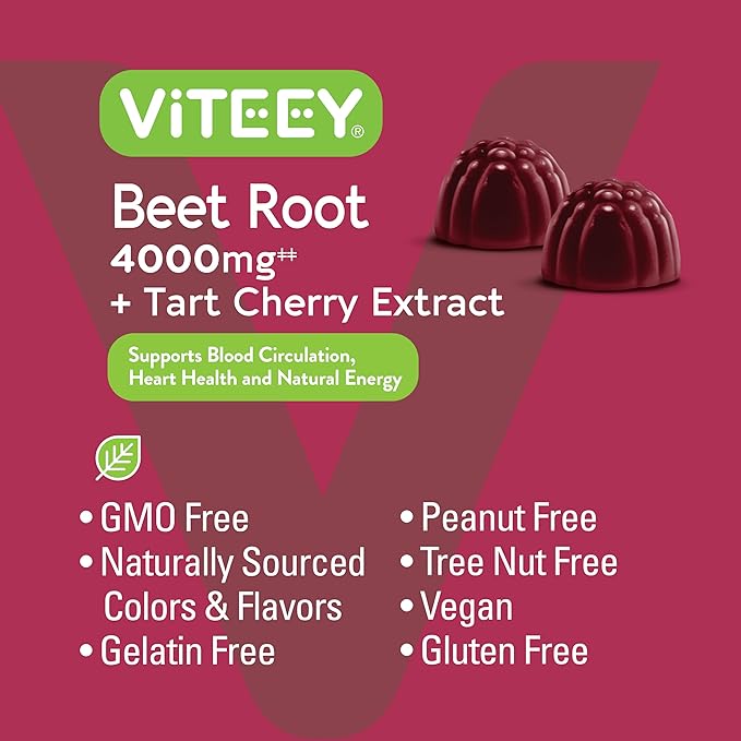 Beet Root Gummies 4000mg with Tart Cherry - for Healthy Blood Pressure Support - Vegan, Gelatin Free, Gluten Free - Tasty Chewable Berry Beet Flavored Gummy