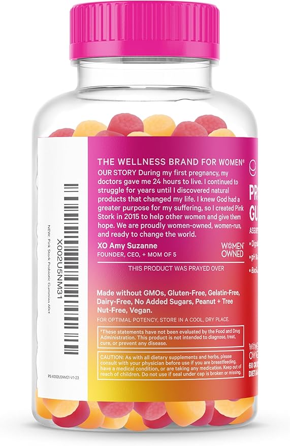 Pink Stork Probiotic Gummies for Prenatal & Postnatal Women - Probiotics for Digestion, Morning Sickness, pH Balance, Gut Health, Immune Support - 60 Sugar-Free Probiotics - 5 Billion CFUs
