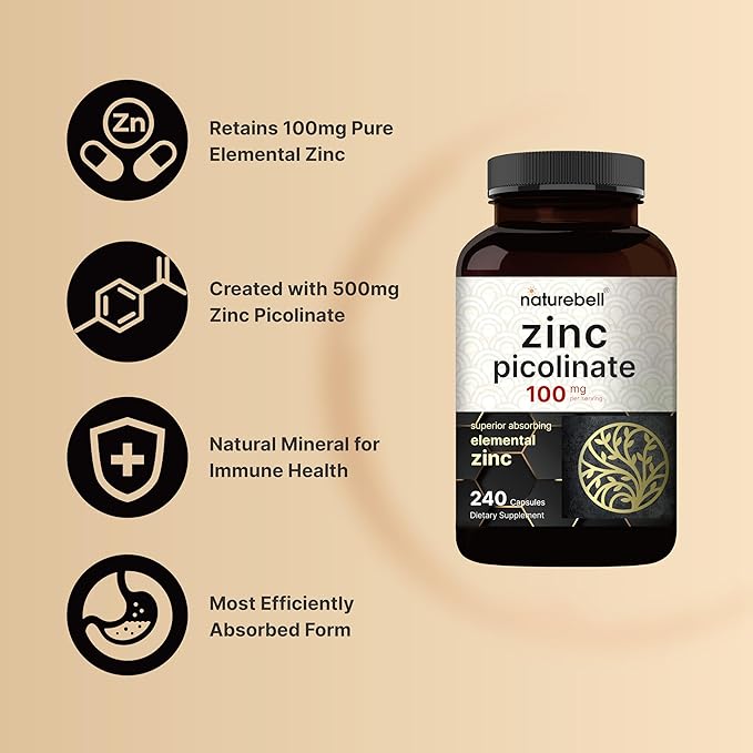 NatureBell High Potency Zinc Picolinate 100mg - 240 Capsules, Bioavailable Form of Zinc for Immune Support and Skin Health - Non-GMO and Gluten- Zinc Supplements