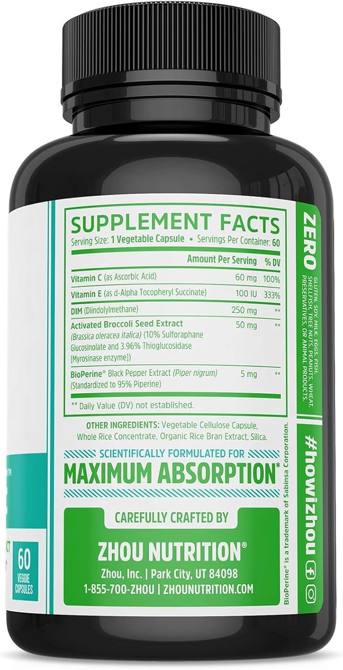 Zhou DIM Active | Menopause & Estrogen Metabolism Supplement with 250mg DIM Plus Broccoli Seed Extract & Bioperine | for Women & Men | 60 Capsules