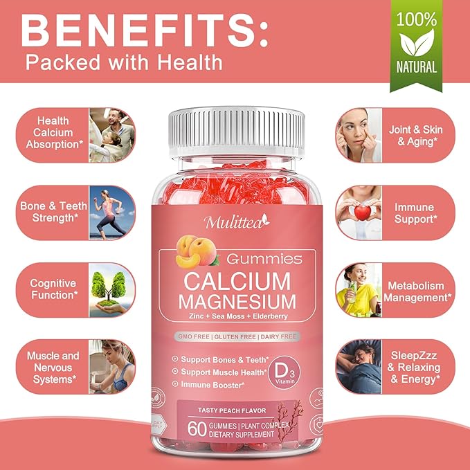 1200mg Calcium Gummies with D3,K2,Zinc - Plant Complex Calcium Magnesium Supplement with Glycinate,Potassium,Vitamin C &Whole Natural Food for Bone & Immune Support- 60 Chewable Gummy Sugar-Free