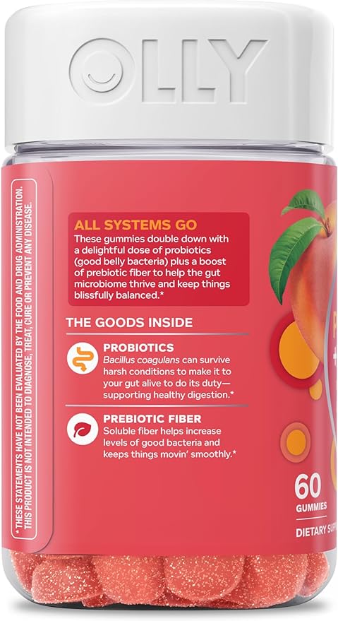 OLLY Probiotic + Prebiotic Gummy, Digestive Support and Gut Health, 500 Million CFUs, Fiber, Adult Chewable Supplement for Men and Women, Peach, 60 Day Supply - 60 Count