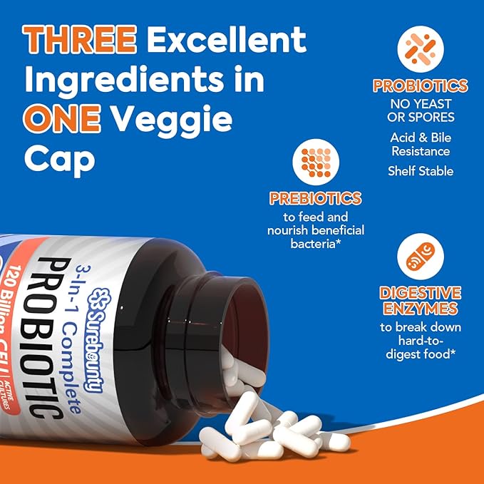 Probiotics 120 Billion CFU, Probiotics for Men & Women, Prebiotics + Digestive Enzymes, Highest Potency, 3-in-1 Complete Probiotic, Digestive Support, 30 Caps