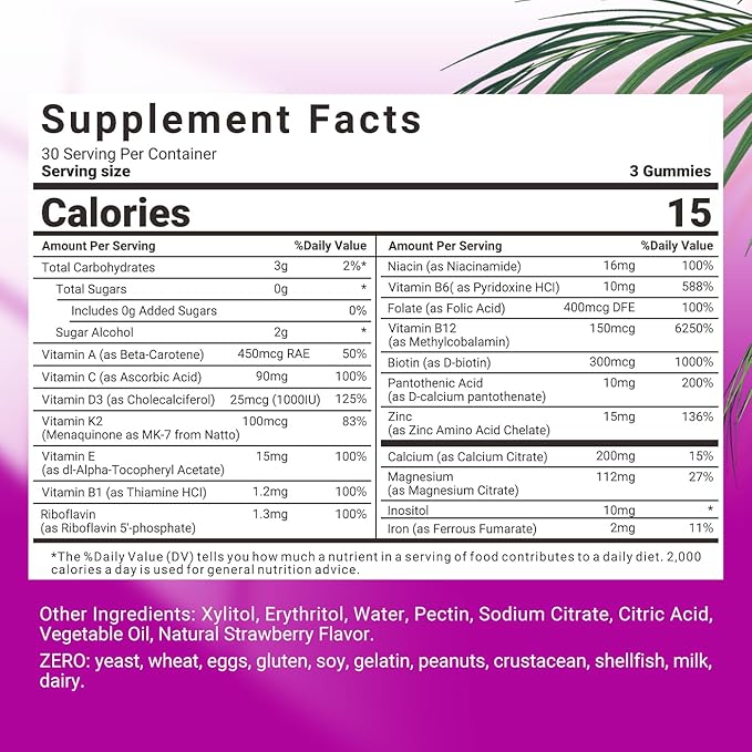 Sugar-Free Multivitamin Gummies for Women, Methylated Multivitamins w/Calcium, Vitamin D3, K2, C, B12, Iron - Multi Vitamins & Minerals for Skin, Hair, Energy, Immune, Bone